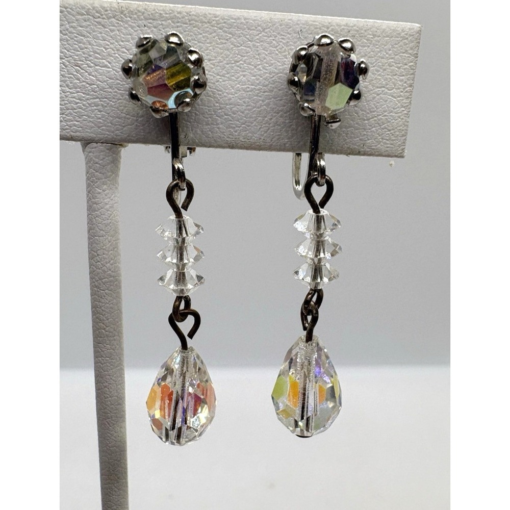 Vintage Aurora Borealis Crystal Dangle Earrings Clip-On Faceted Glass Teardrop